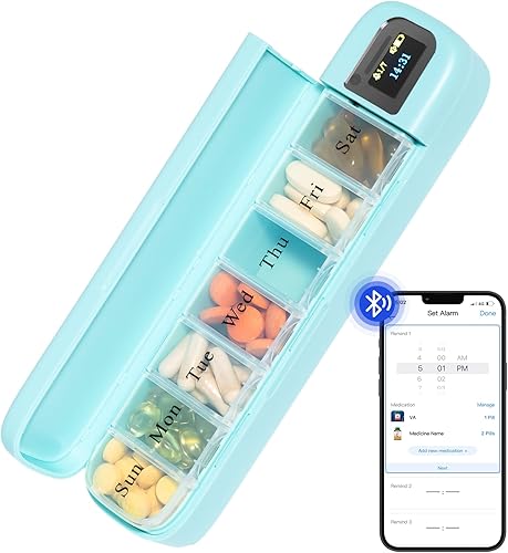 Zoksi Dispensador de pastillas electrónico Bluetooth con alarma, organizador inteligente de píldoras con recordatorio y luz, rastreador de píldoras,