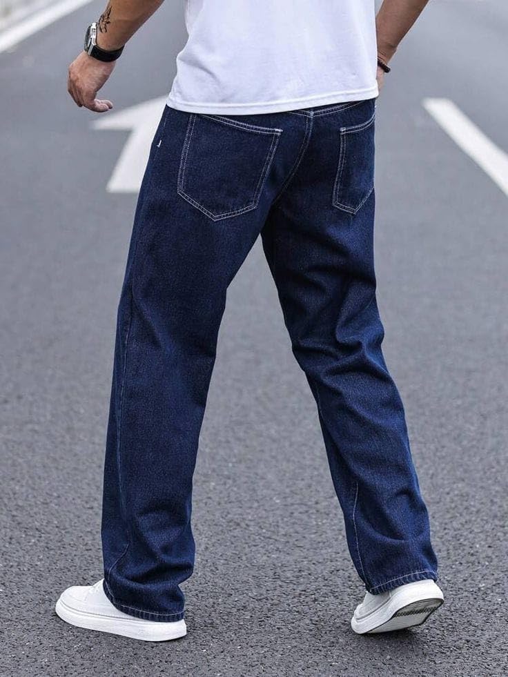 Image of Men's Relaxed Fit Stretch Denim Jeans - Mid-Blue Wash Straight Leg Pants for Everyday Wear | Comfortable Casual Jeans with Deep Pockets