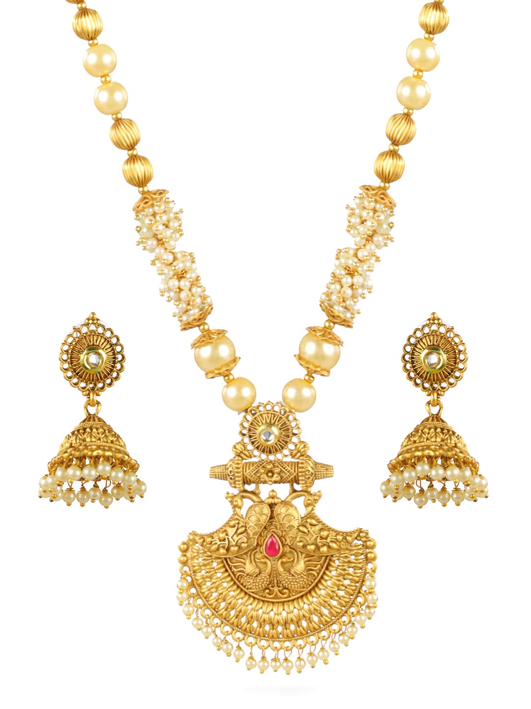 Priyaasi Red Studded Peacock Pearl Gold-Plated Jewellery Set (B0BJVJ63GY) Amazon Price History, Amazon Price Tracker