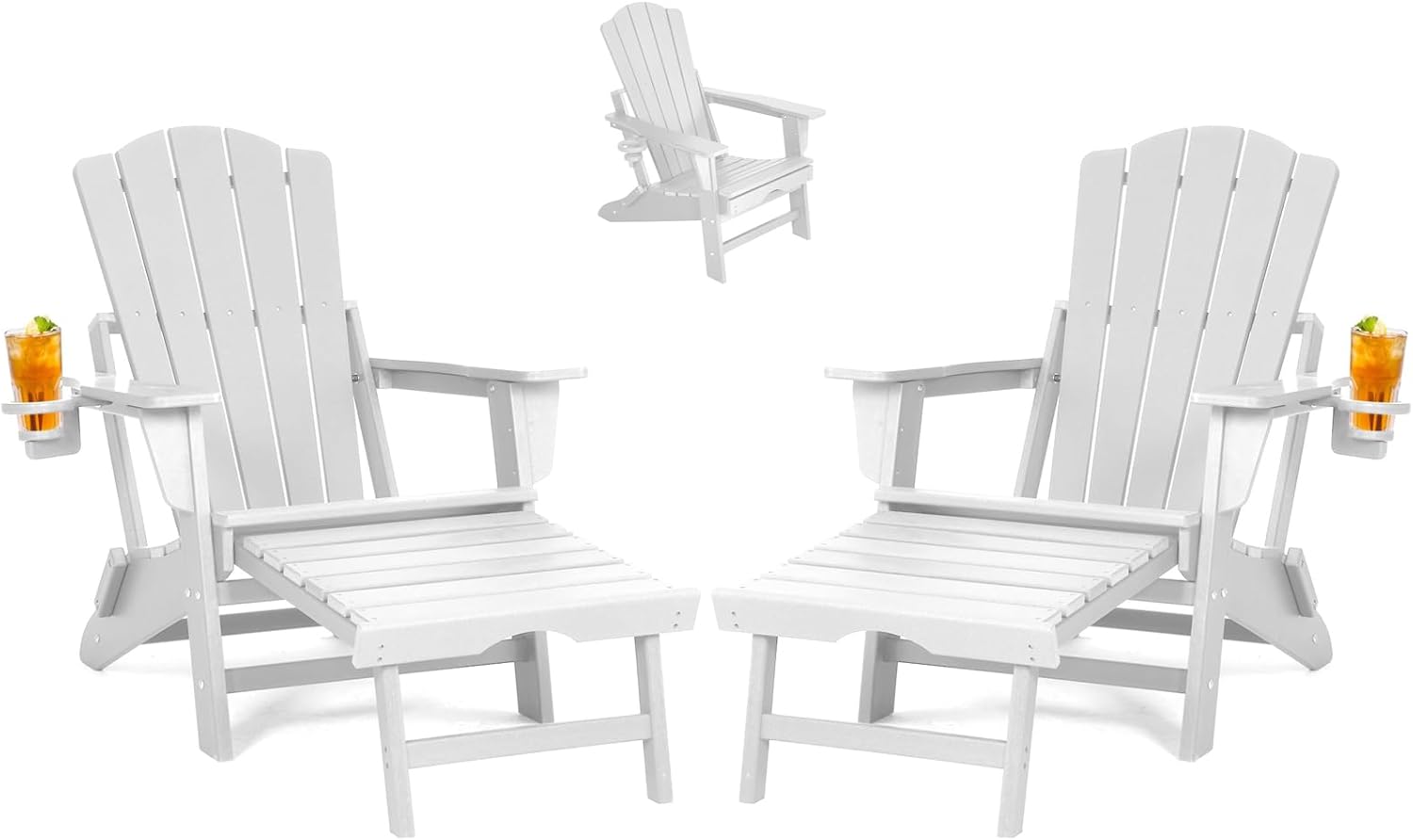 LETKIND Folding Adirondack Chair with Retractable Ottoman Set of 2, All Weather Fire Pit Chairs with Cup Holder, Outdoor Chair with Ottoman,White