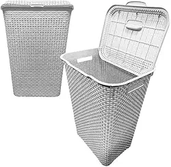 Cesto de Roupas Plástico com Tampa 70L Estilo Rattan para Lavanderia e Banheiro (branco)