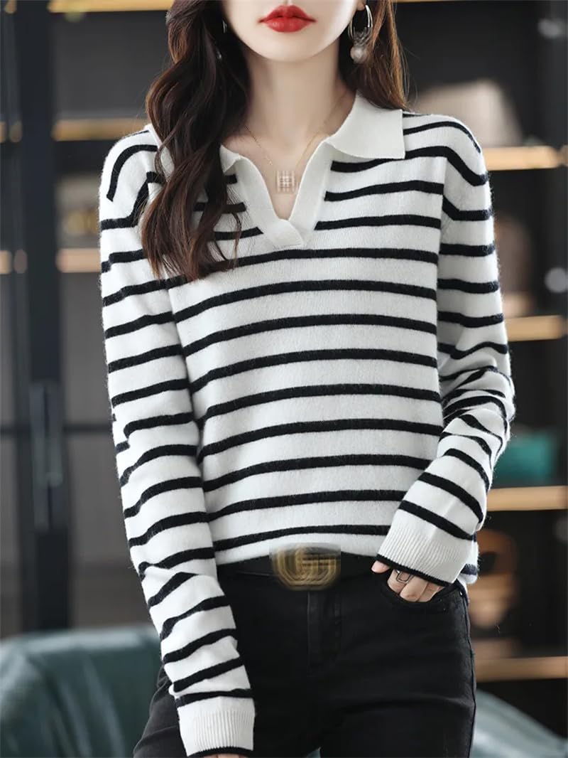 Dninmim Maglione da donna in lana con collo a polo, per autunno e inverno, casual, a righe
