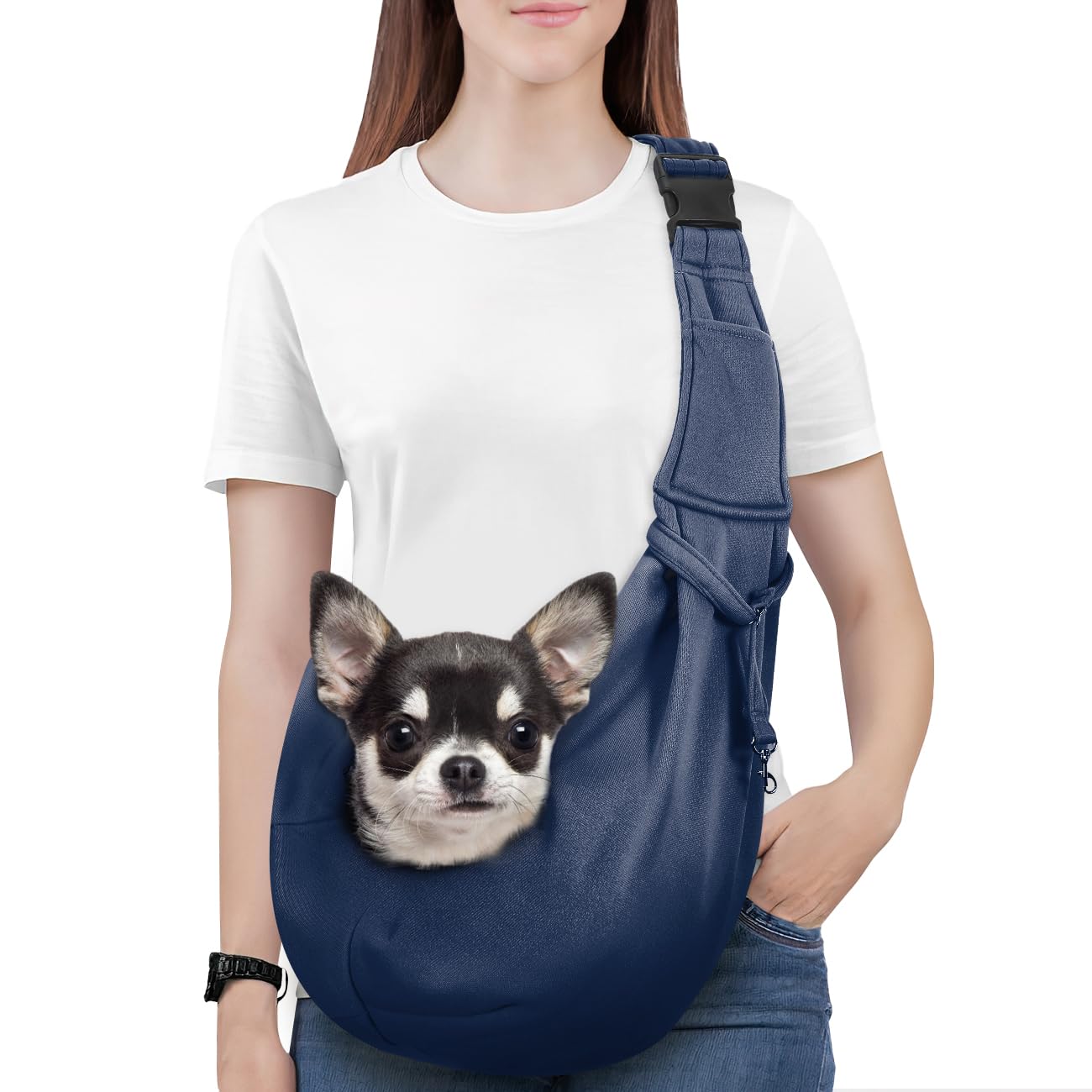 Pawaboo Dog Sling Carrier, Hand Free Reversible Dog Carrier Sling with Adjustable Strap Buckle & Safety Leash, Suitable for Small Dogs Cats, Navy Blue โ image 1