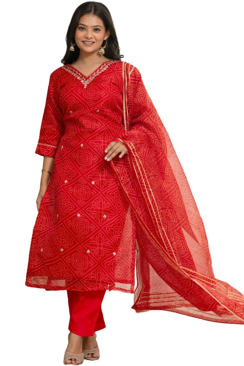 gosriki Women's Kota Doria Straight Bandhej Printed Kurta with Pant and Dupatta-picture-58