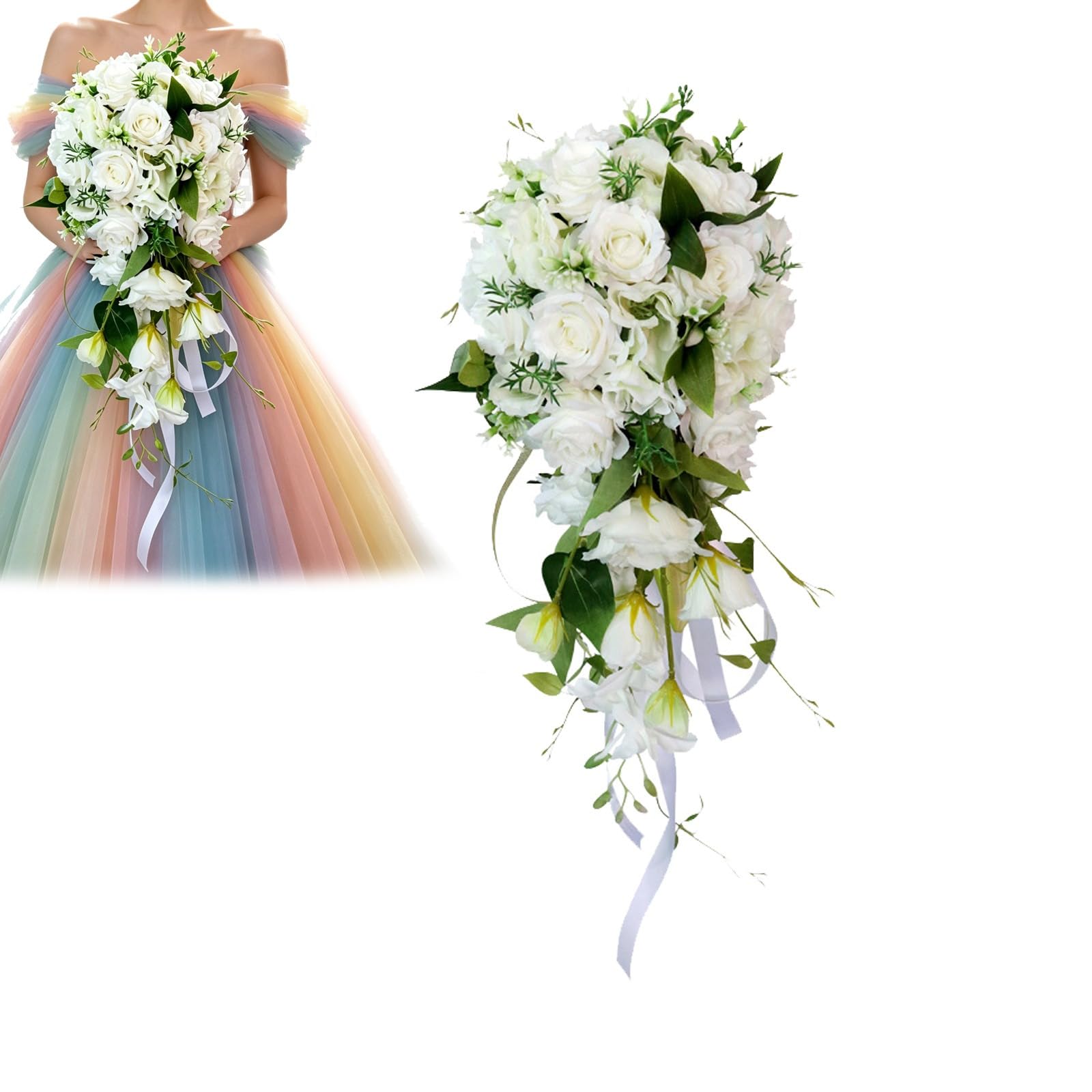 weißer künstlicher Rosen Brautstrauß mit Grünpflanzen & Satinbändern, Wasserfall Hochzeitsstrauß für Braut Fotoshooting Dekoration (White)