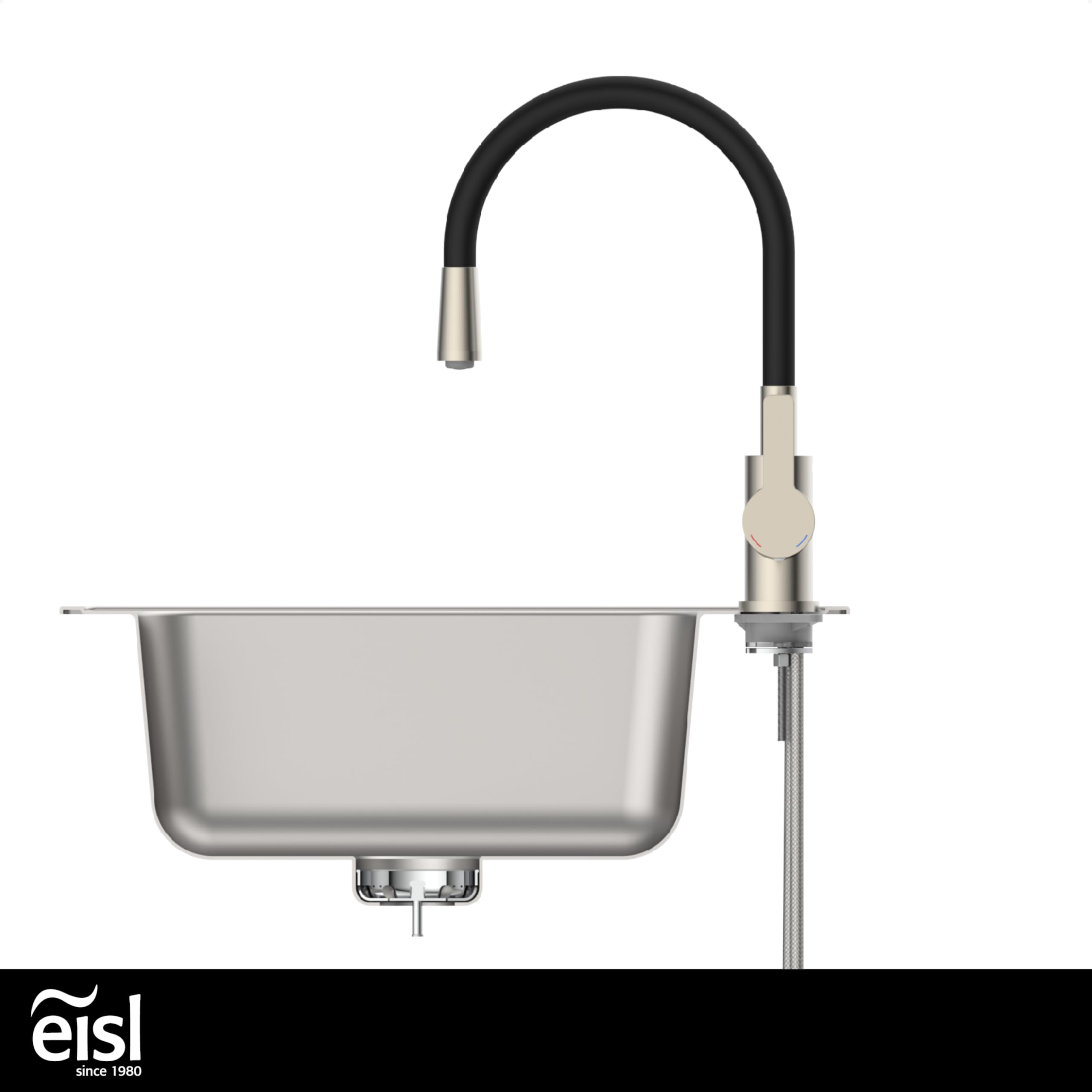 EISL Flexo NI186FLNIB Robinet d'évier de cuisine flexible en acier inoxydable/noir, bec haut avec tuyau doux au toucher, orientable à 360 degrés, économie d'eau