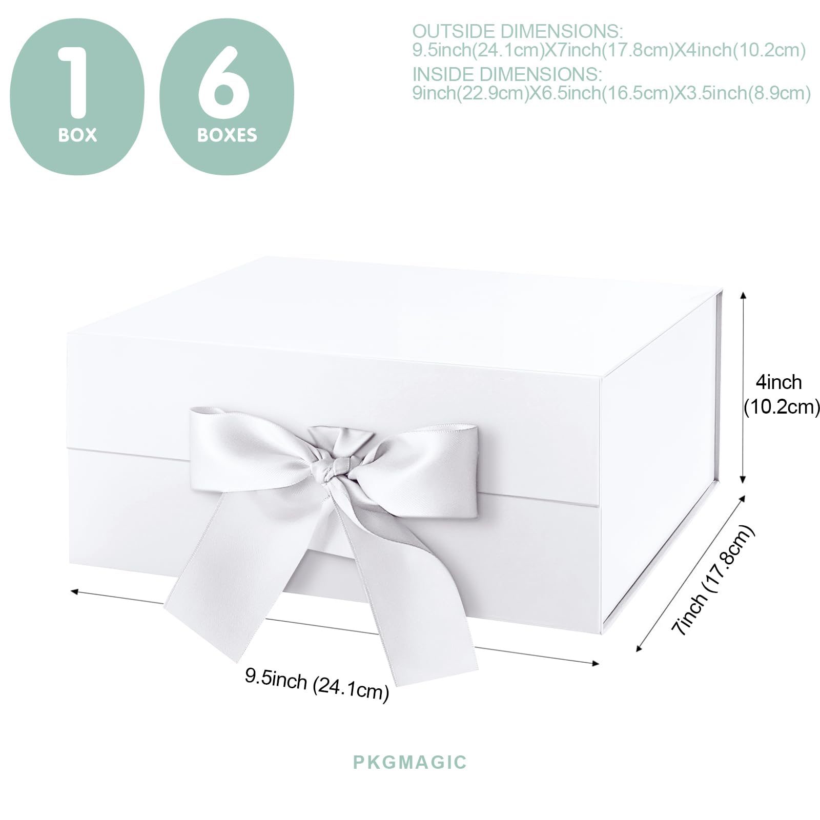 PKGMAGIC 6 Geschenkboxen mit Schleife, 22,8 x 16,5 x 9,6 cm, weiße Geschenkboxen mit Deckel und Band, Geschenkboxen von Lady d'Ehren, magnetische Geschenkboxen für Geschenke