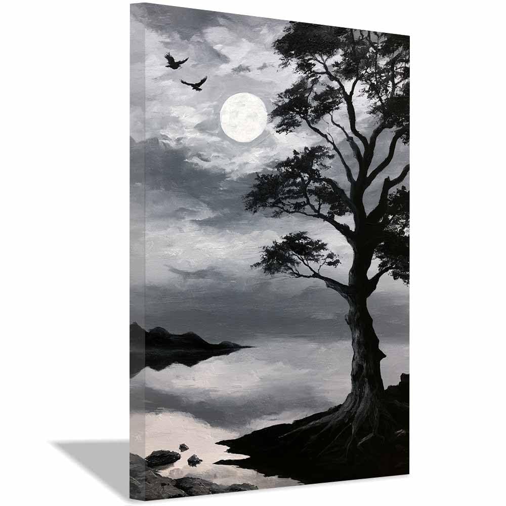 HOQIU Black And White Prints Monochrome Lakeside Night Scene canvas wall art, painting and decor, for Living Room Bedroom Home Decoration(Multicolor)-40x60cm Framed