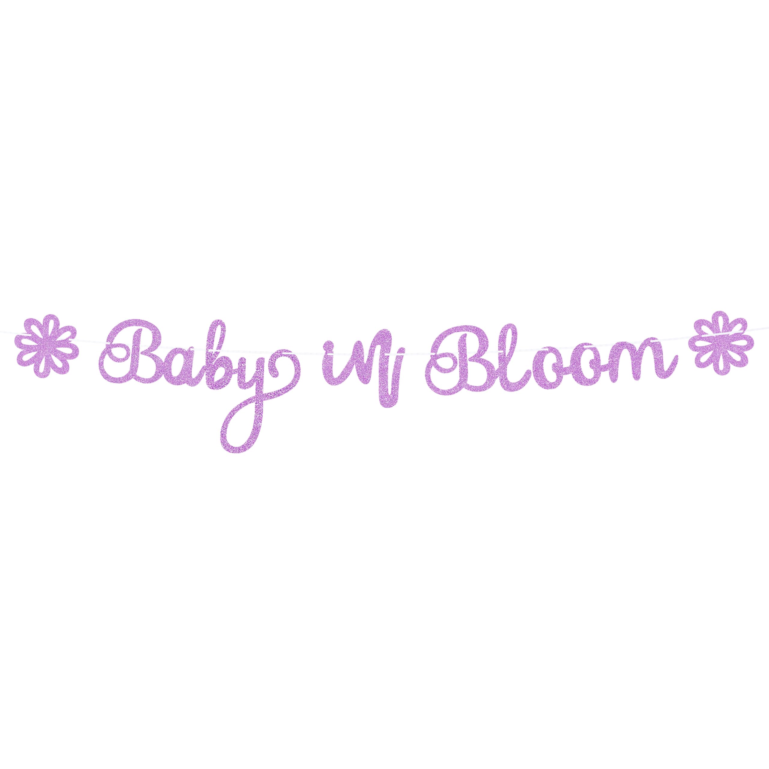 Pre-Strung Baby in Bloom Banner - Purple Glitter Baby in Bloom Baby Shower Decorations for Boys and Girls, Floral Theme Baby Shower Banner for