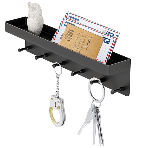 MKO Key Holder for Wall Decorative - Mail Organizer and Key Rack with Tray for Hallway Kitchen Farmhouse Decor,Stainless Steel Key Hooks Mail Holder Wall Mounted - 6 Hooks (Black)