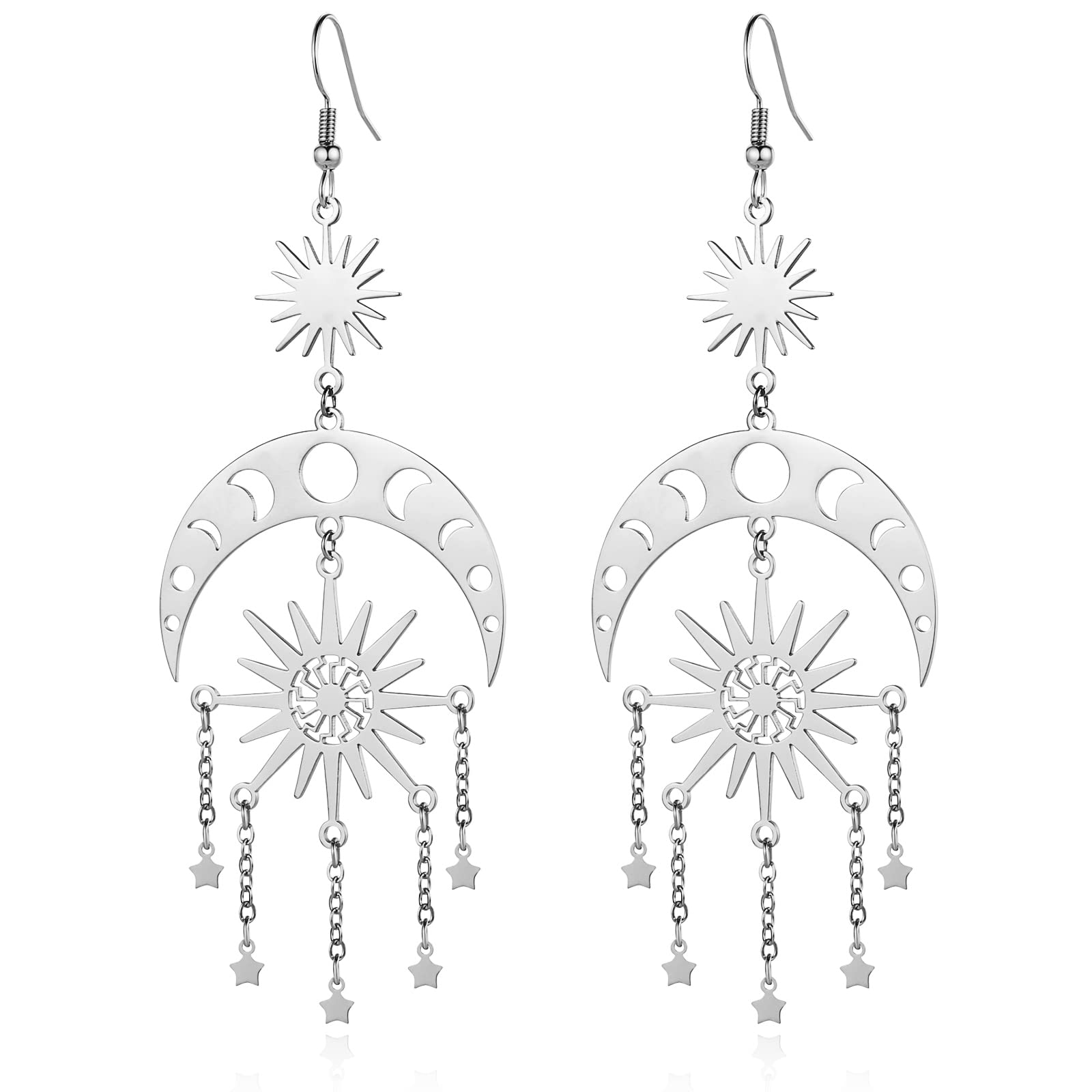 Fiklon Sun and Moon Star Chandelier Earrings for Women Dangle Dangly Earrings Phase Crescent Drop Dangling Earrings Stainless Steel Jewelry