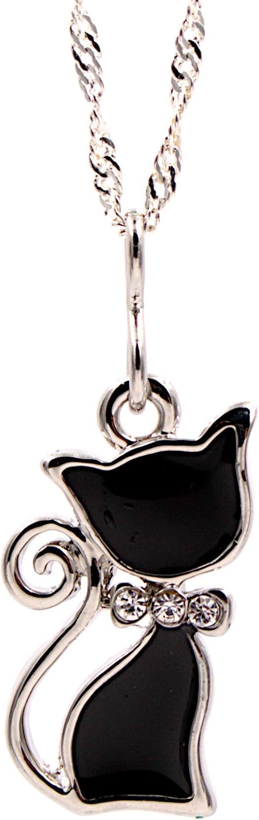 Glass Rhinestone Collared Black Cat Pendant Necklace - Delicate Twist Link Chain, 1.25 & 18-in