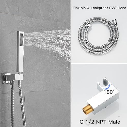 Miniatura 4 de BWE Sistema de ducha montado en el techo de 16 pulgadas, cabezal de ducha cromado con rociador de mano moderno para baño, mezclador de lluvia de