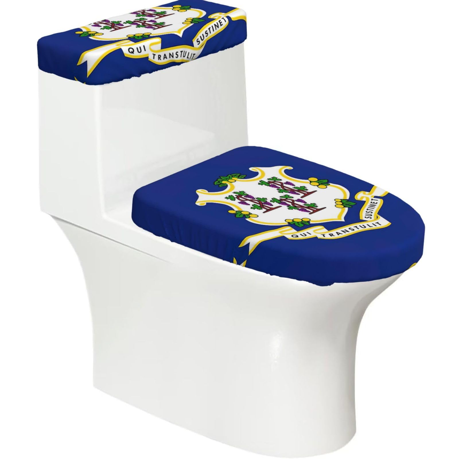Connecticut State Flag Print Stretch Toilet Covers Set, Polyester Covers Replacement For Fits Most Size Lids Bathroom Decor