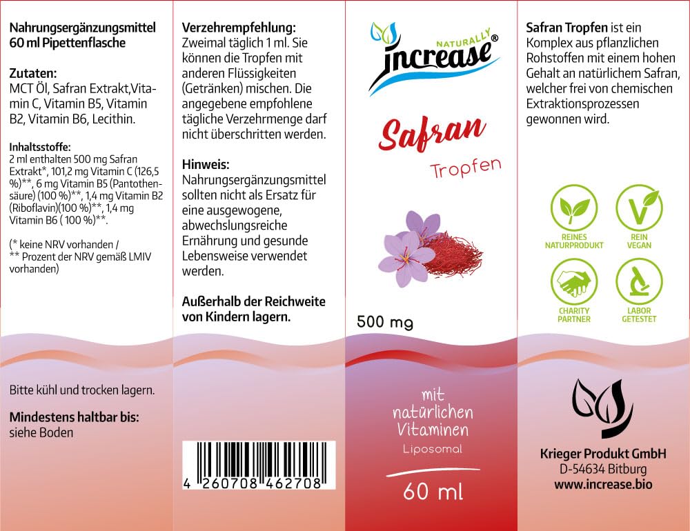 Liposomale Safran Tropfen hochdosiert - (15.000mg pro Packung) 500mg Safran pro Tagesdosis mit Vitamin C, B5, B2 und Vitamin B6 -MCT Öl - Hohe Bioverfügbarkeit