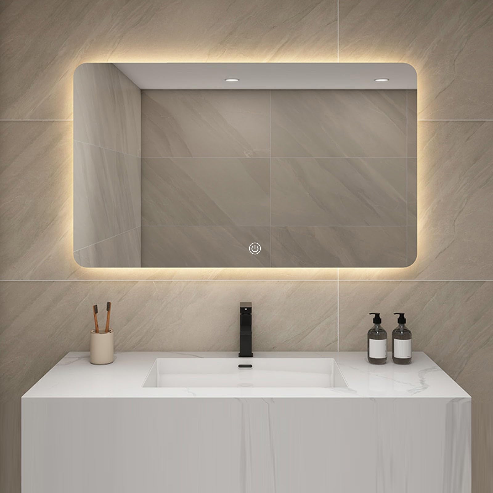 SXFSDOU LED Bathroom Mirror with Stepless Dimming & Touch Controls | Horizontal Rectangular Illuminated Makeup for Living Room or