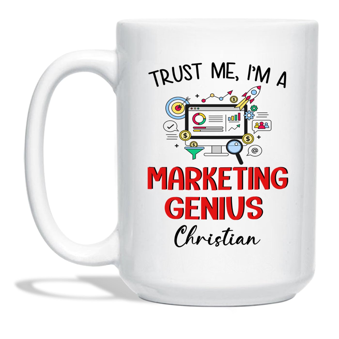 Personalized Marketing White Coffee Mug 11 Oz 15 Oz, Trust Me I'm A Marketing Genius Coffee Cup, Customized Digital Marketer Travel Mug Gifts for Men Women, Marketing Specialist Mugs Cups Custom Name