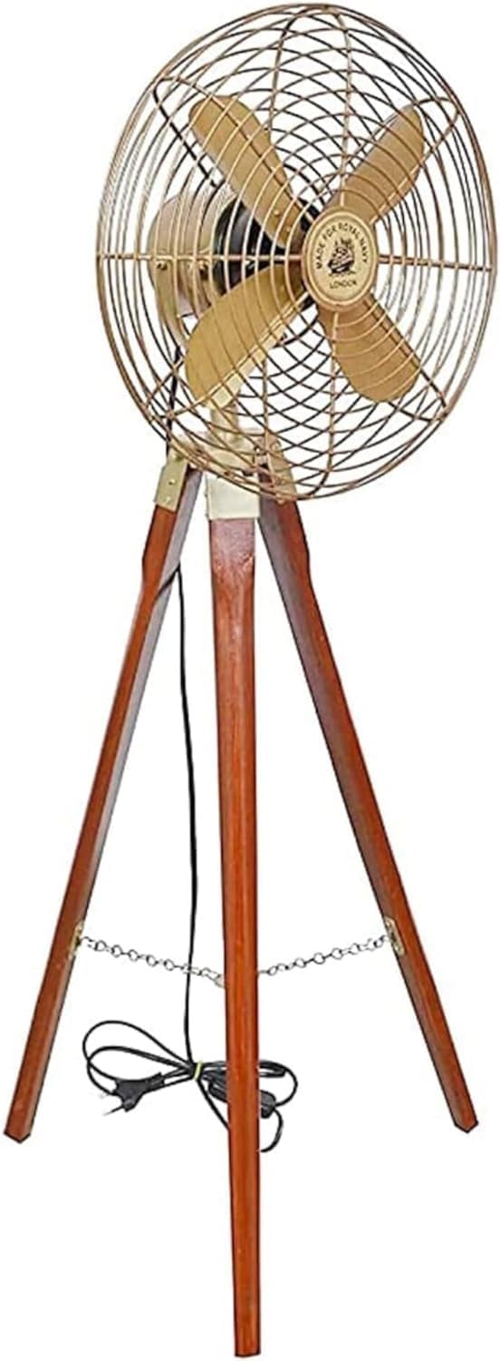 Generic Brass Floor Fan With Wooden Adjustable Tripod Stand - Electric Pedestal Working Vintage Royal Navy Floor Fan With Brown Wooden Tripod - Working Cooling Floor Fan., 55 Inches, NH-01