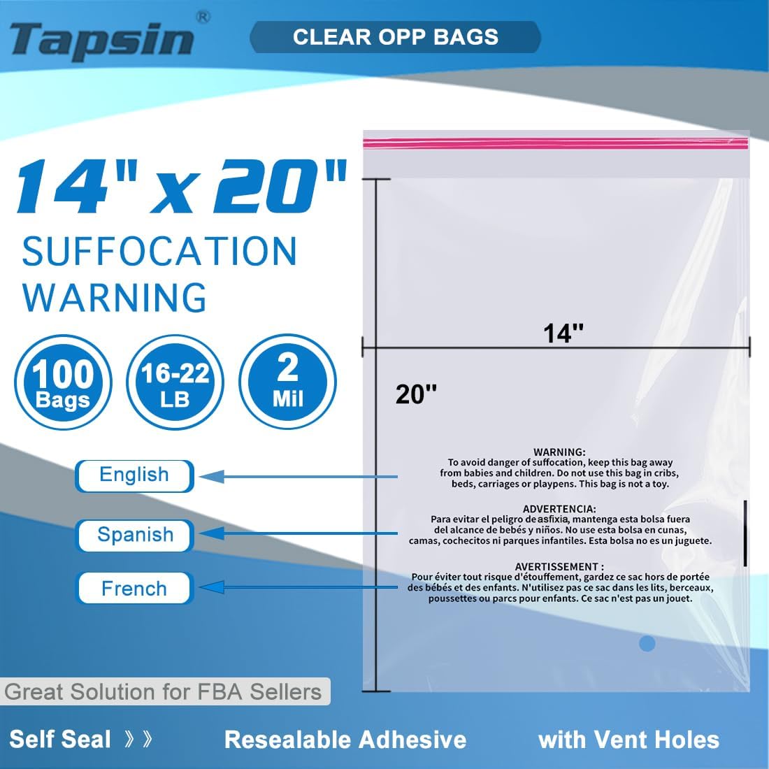 Clear Poly Bags 14x20 In, 100 OPP Cellophane Bags with Suffocation Warning, Resealable Adhesive Self Seal Shipping Bag for Clothes, Packaging Down Jackets (OPP, 2mil, 16-22 LB, with Vent Holes)