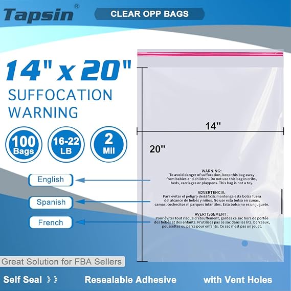 Clear Poly Bags 14x20 In, 100 OPP Cellophane Bags with Suffocation Warning, Resealable Adhesive Self Seal Shipping Bag for Clothes, Packaging Down Jackets (OPP, 2mil, 16-22 LB, with Vent Holes)