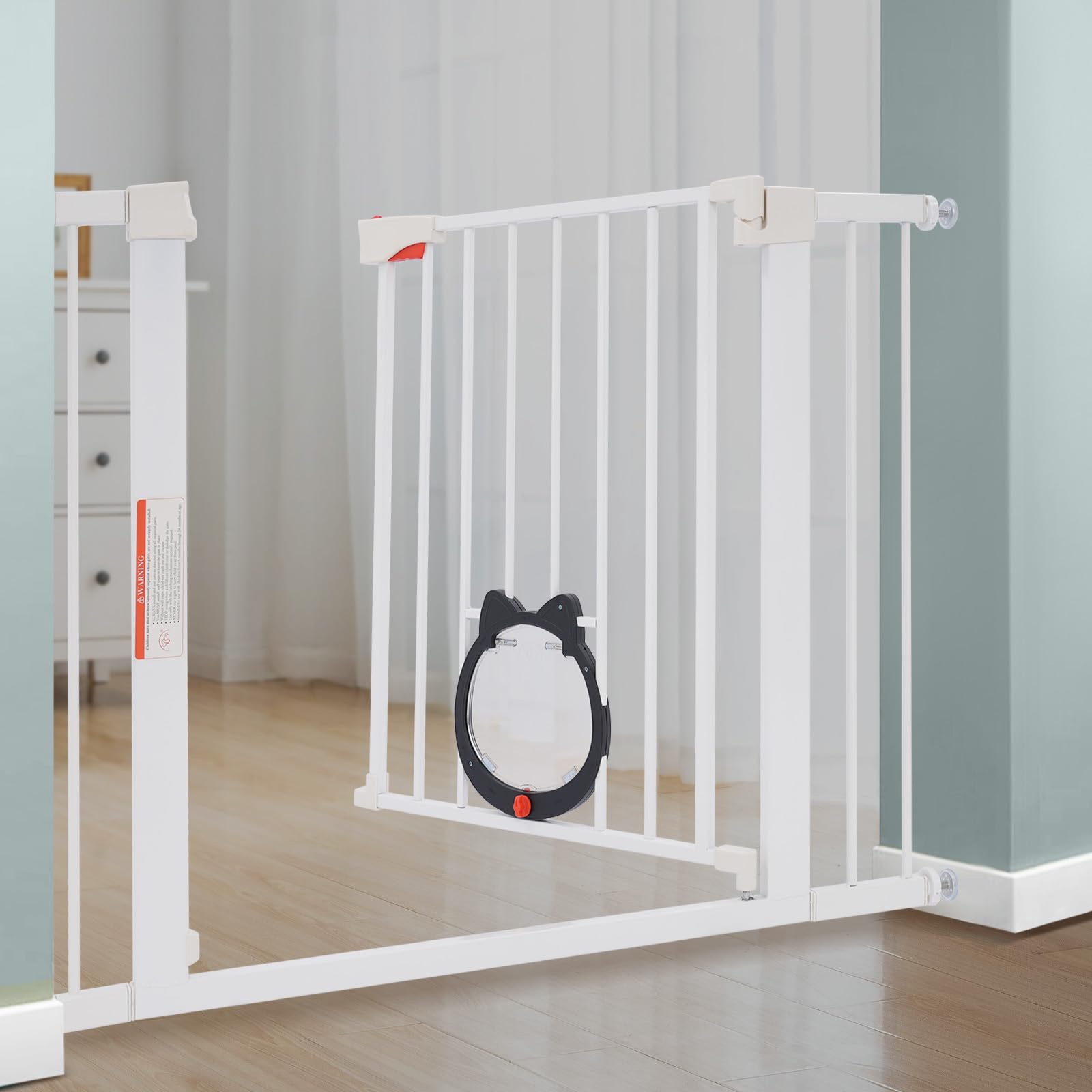 Rejilla de protección para puerta para perro, 75-103 cm, ajustable, barrera para perros sin taladrar con puerta para mascotas, 76 cm de alto, doble cierre, puerta de barrera para perros, color blanco
