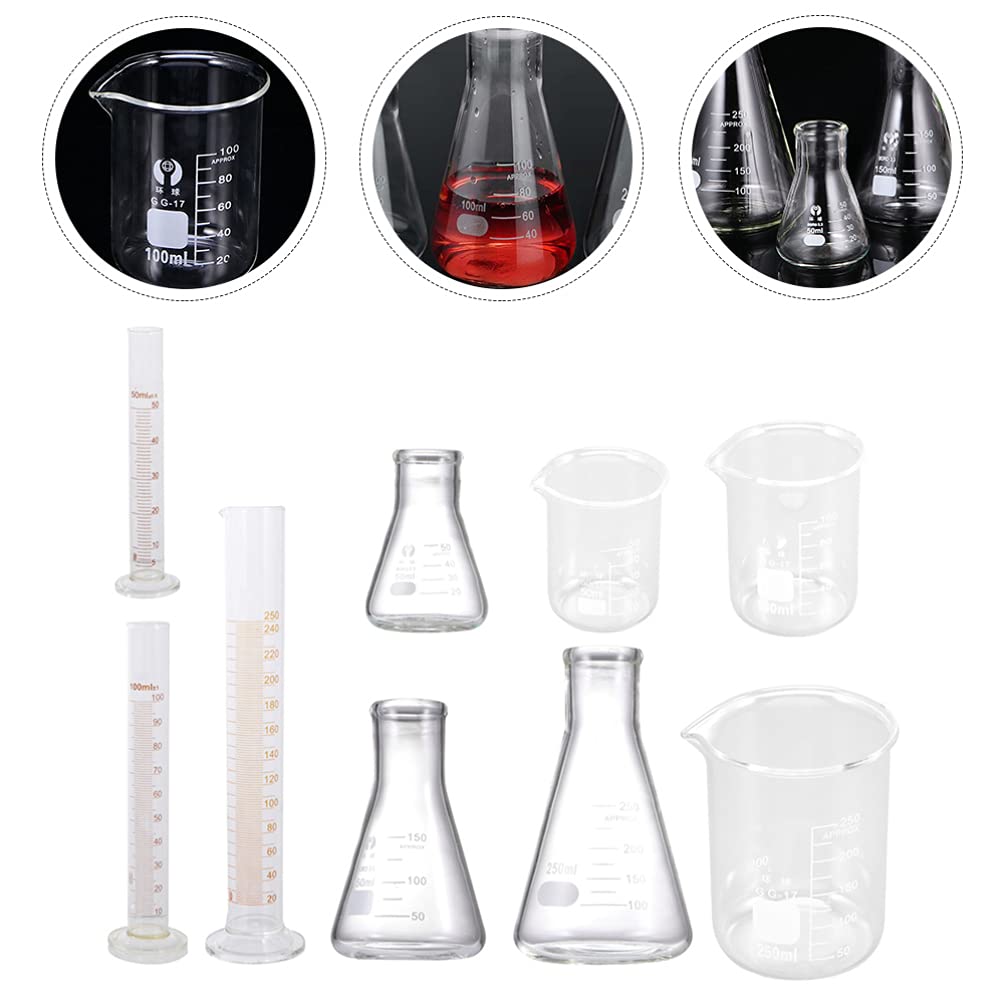 Juego cilindros matraz vaso 9 piezas, matraz vidrio científico, cilindros graduados, vasos medidores transparentes para suministros laboratorio, 50 ml, 100 ml, 250 ml