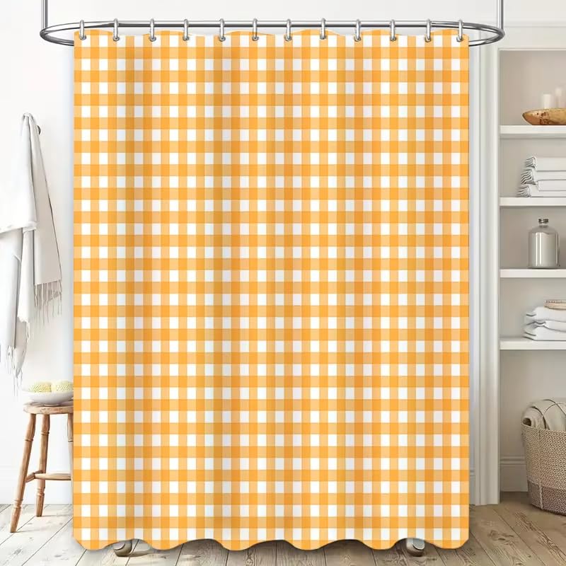 Duschvorhang mit gelbem und weißem Gingham-Muster für Badezimmer – wasserdichtes und langlebiges Badezimmervorhang-Set mit Haken180x250cm/71x98in(Breite x Höhe)