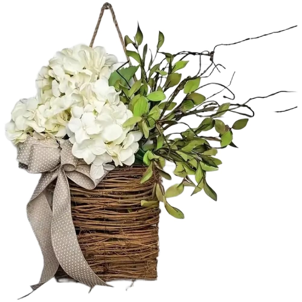 Panier de fleurs d'hortensia artificiel blanc et pot suspendu en rotin