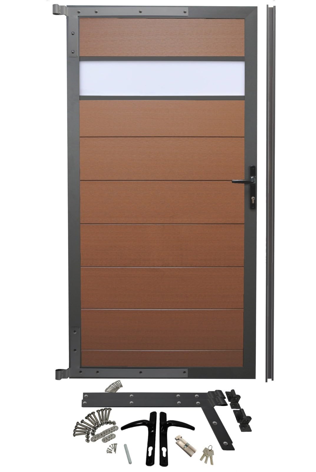WPC Gartentür Alu Tür Zauntür Tor Gartentor Redwood Braun Dekor Glas 90X183cm
