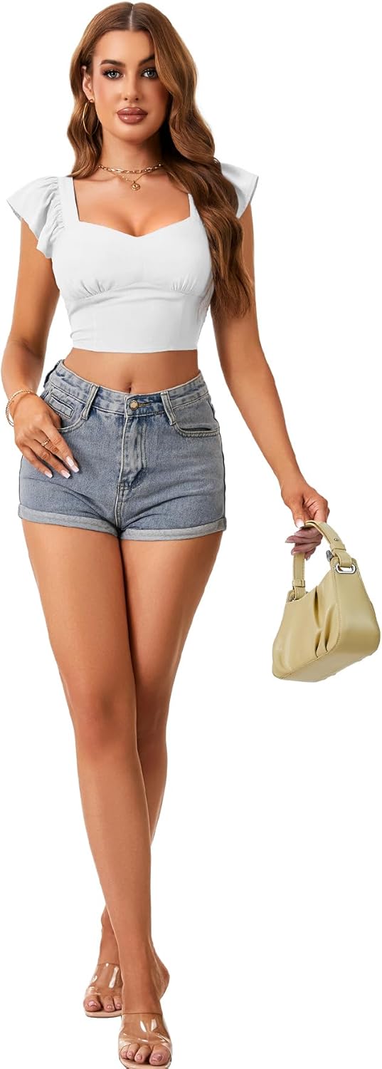 LYANER Women's Summer Sweetheart Blouse Smocked Backless Ruffle Sleeve Tank Crop Tops White Medium - Image 6