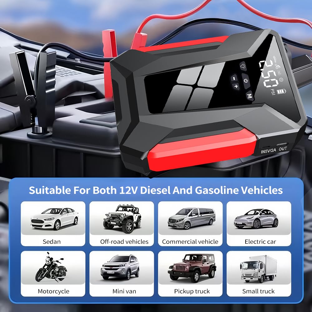 Compresor de aire portátil inflador de neumáticos, bomba de aire eléctrica inalámbrica, arrancador de salto de 10000 mAh 1000 A y compresor de aire con pantalla LED de luz LED para coche, motocicleta