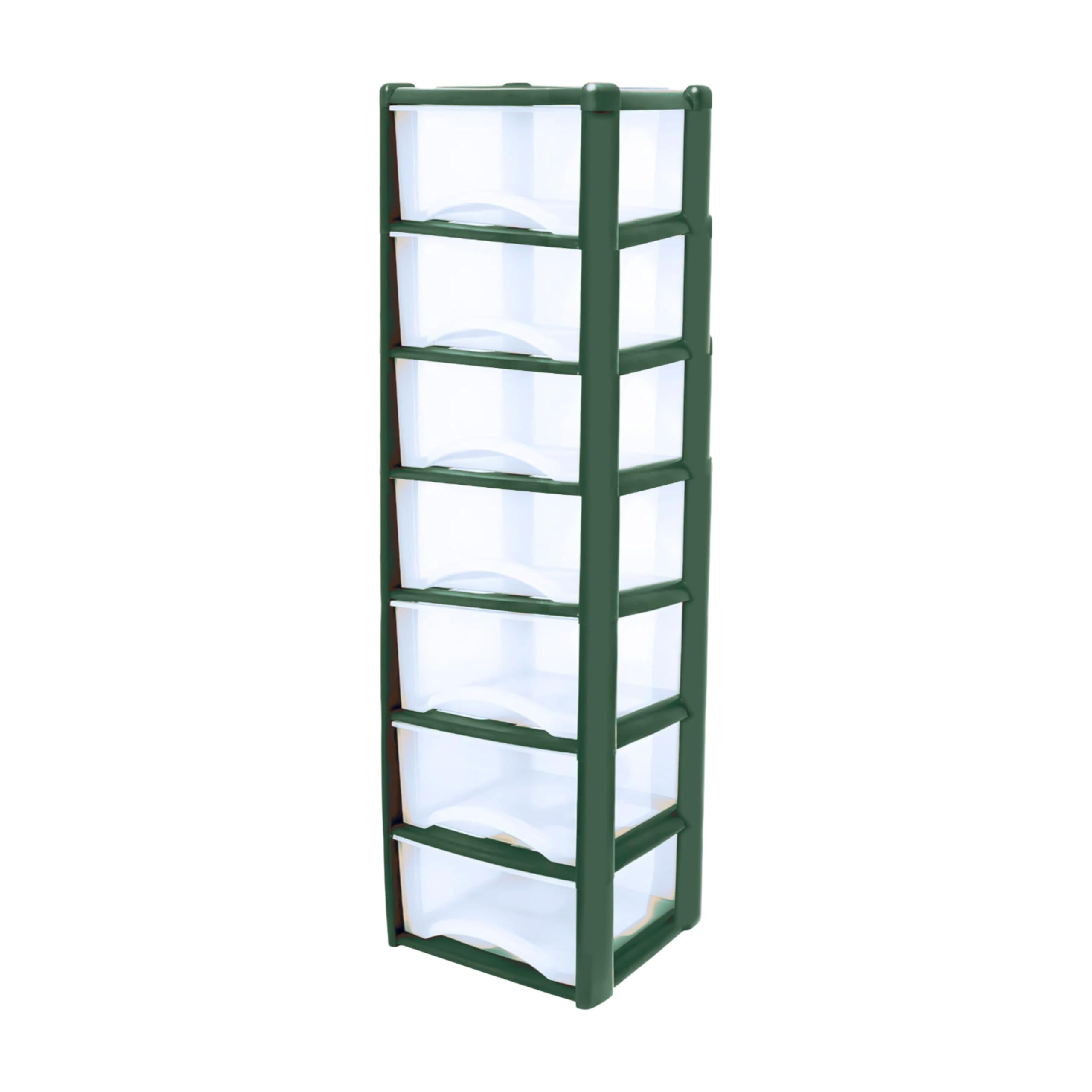 Neat. 7 Plastic Storage Drawers Unit with See-Through Drawers, Compact Vertical Design – Durable Plastic, Ideal for Organizing Office Crafts, and Household Items, 140cm x L39cm x W39cm -Dark Green