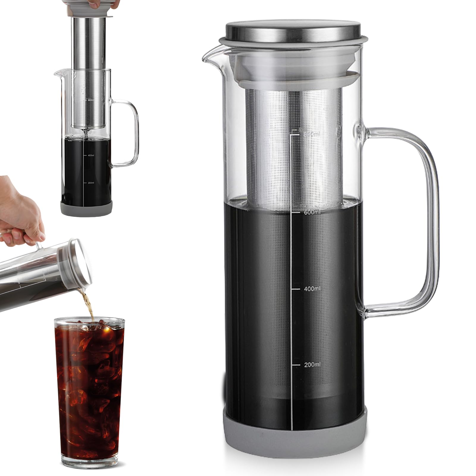 GBKDQQ zaparzacz do kawy Cold Brew 800ml, zaparzacz do kawy Cold Brew z filtrem ze stali nierdzewnej 304, karafka do zaparzania z wylewkiem i szklannym uchwytem, nadaje się do kawy lodowej, lodowej
