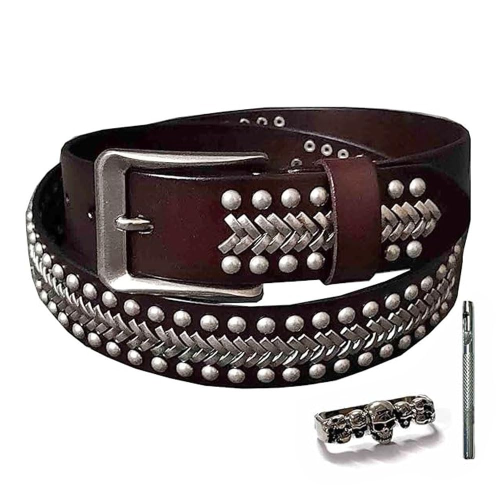 vogueteen Biker Rock Studded Rivet Men 38MM Width Leather Belt Accessories Cool (coffee)