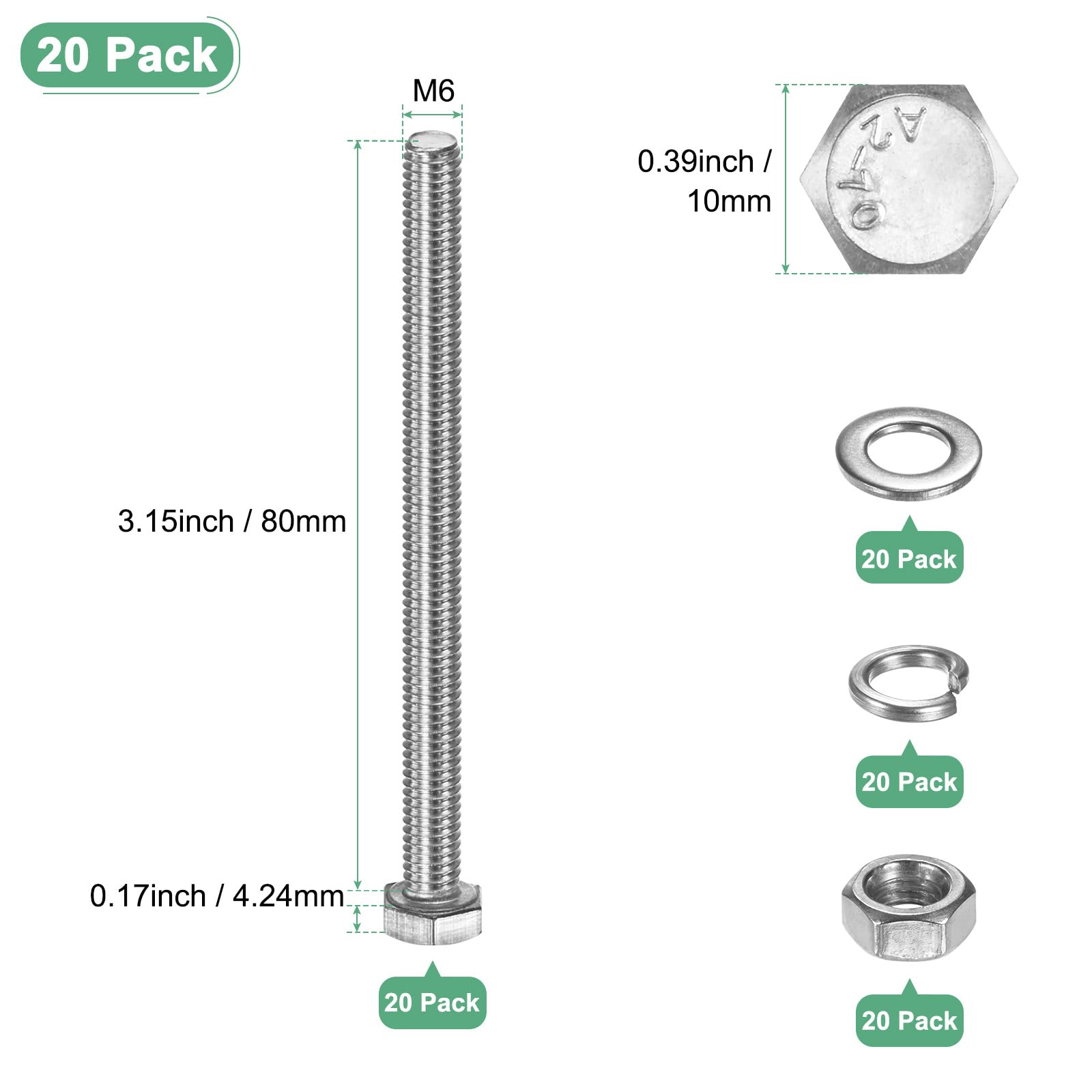 M METERXITY 20-Pack Hex Head Screw Bolt with Nuts Flat & Lock Washers M6x80mm Stainless Steel Bolts and Nuts Kit Fully Threaded Metric Bolt Assortment for Equipment/Machinery - Image 3
