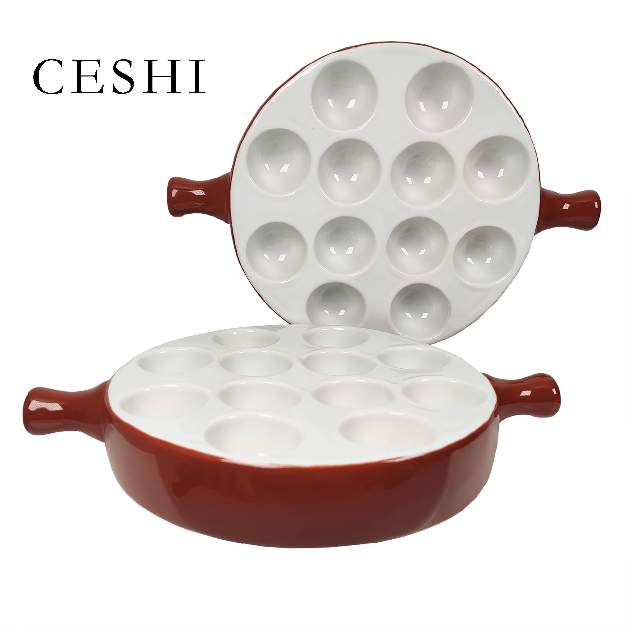 Platos de cerámica Escargot (2 unidades) 23,5 x 16,5 cm con mango de Footed Dishes, Oven Safe Holes Set para Home Restaurant Hotel (marrón, 23,5 x 16,5 cm)