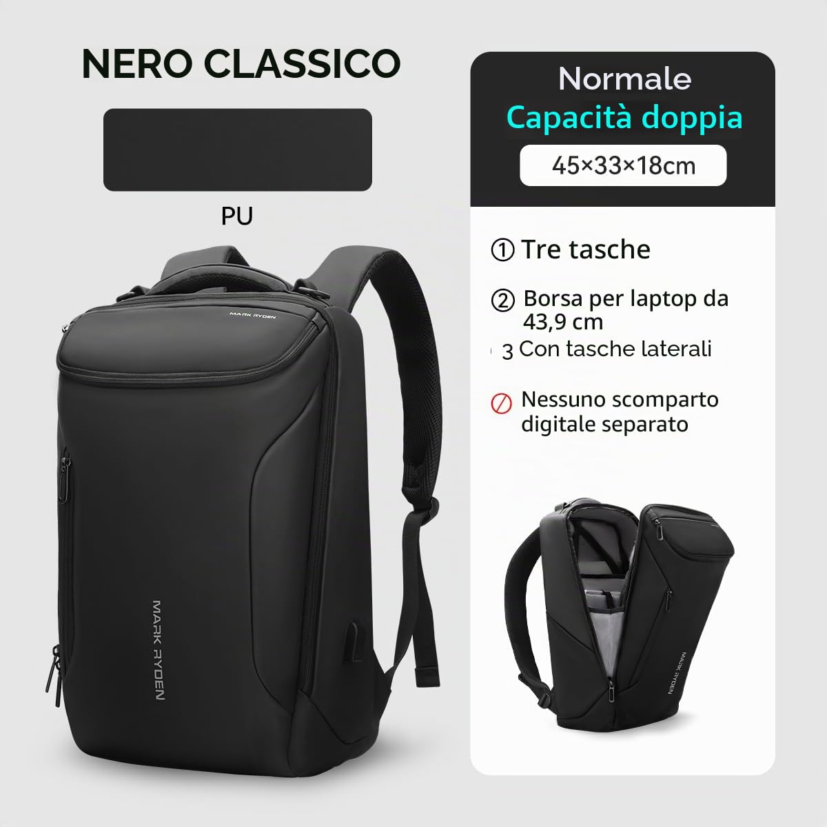 MARK RYDEN Zaino Grande capacità e impermeabile per gli uomini d'affari con porta di ricarica USB per i viaggi scolastici pack escursionismo per laptop sotto i 17,3 pollici