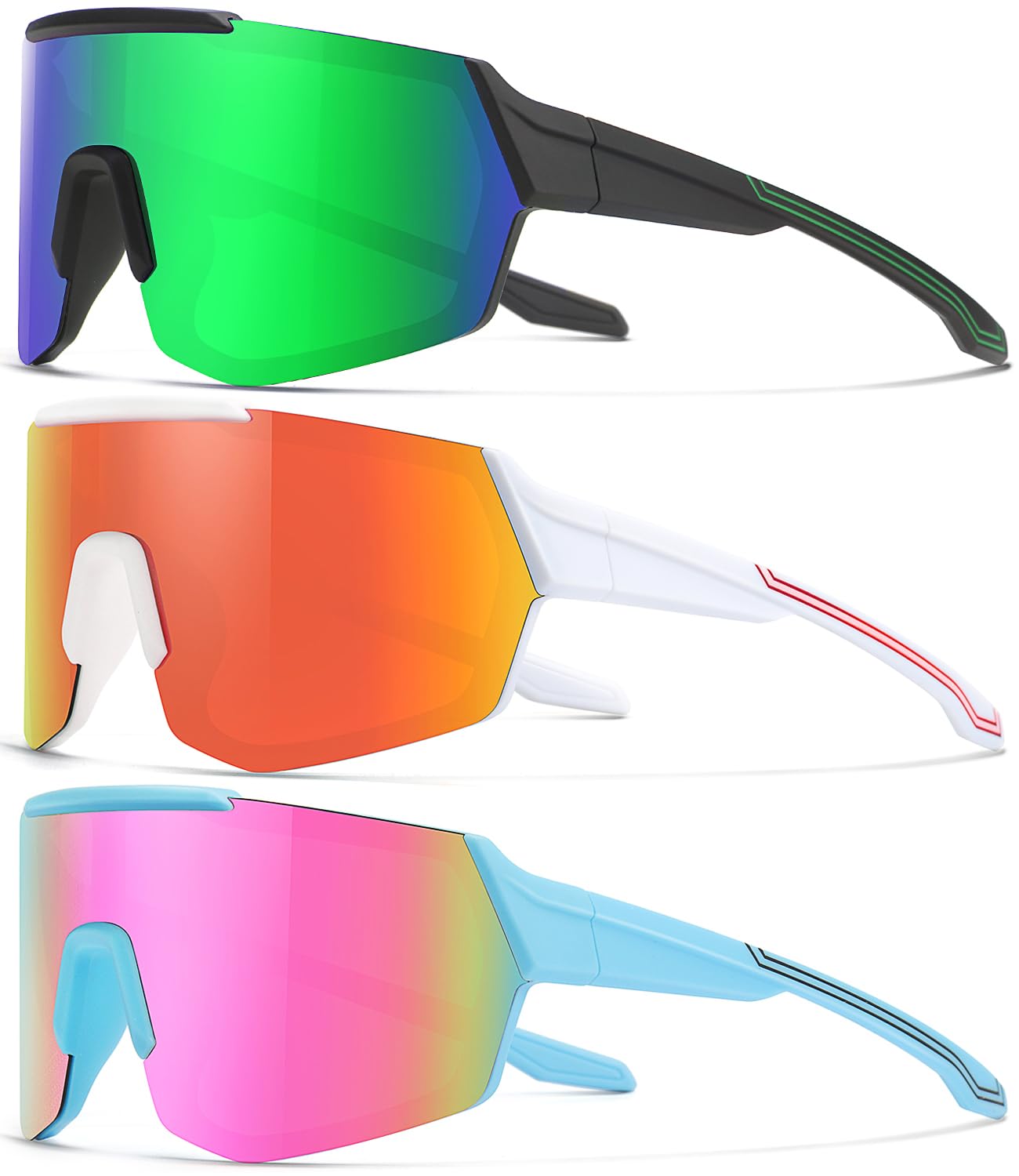SEKKAF Paquete de 3 lentes de sol polarizados de béisbol para niños y niñas, para deportes, sóftbol, protección UV, Paquete de 3, negro, verde, blanco y azul, 66 Millimeters