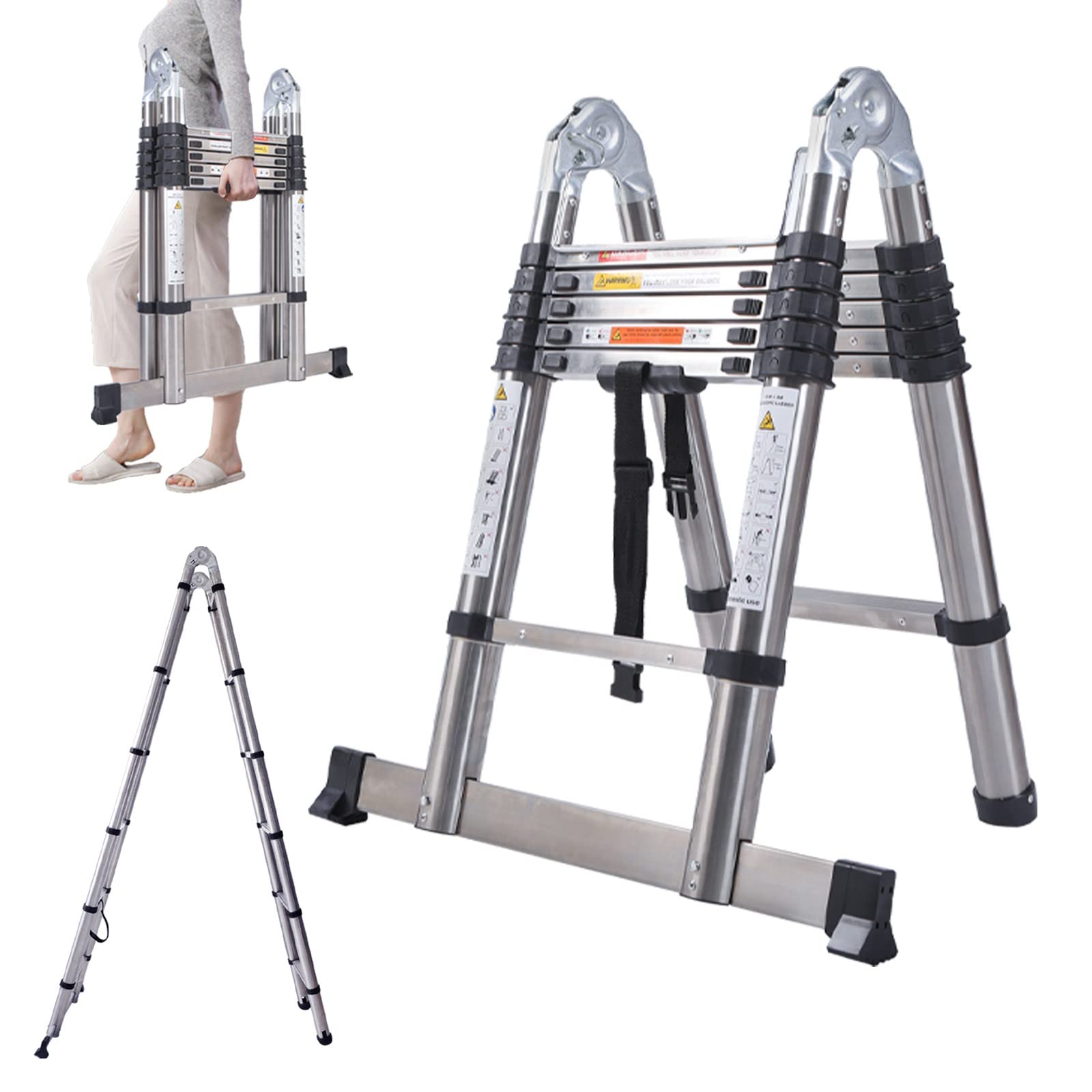 3.8M Telescopic Straight Ladder A-Frame Sturdy Stainless Steel Folding Ladder 12.5ft 2-IN-1 Extension Ladder with Support Bar 330lb Max Load for Household Outdoor Work