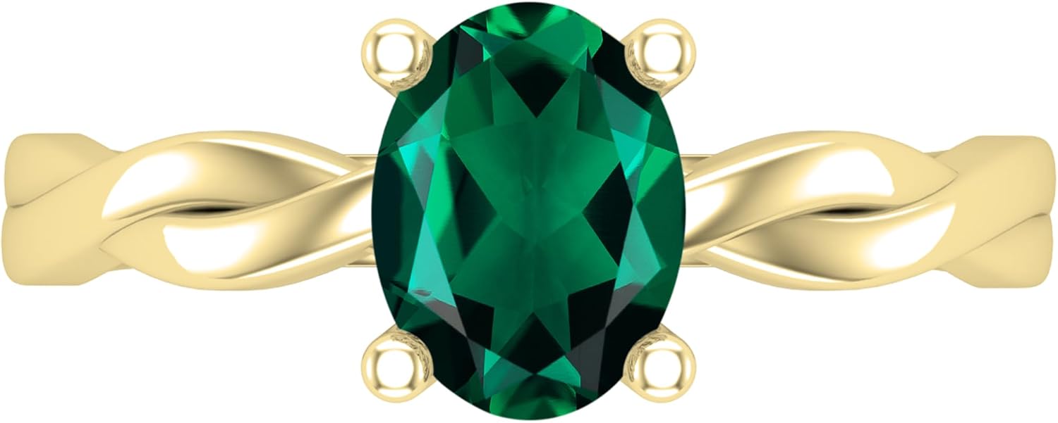8x6mm Oval Lab Created Emerald Twisted Solitaire Engagement Ring for Women in 14K Real Solid Gold