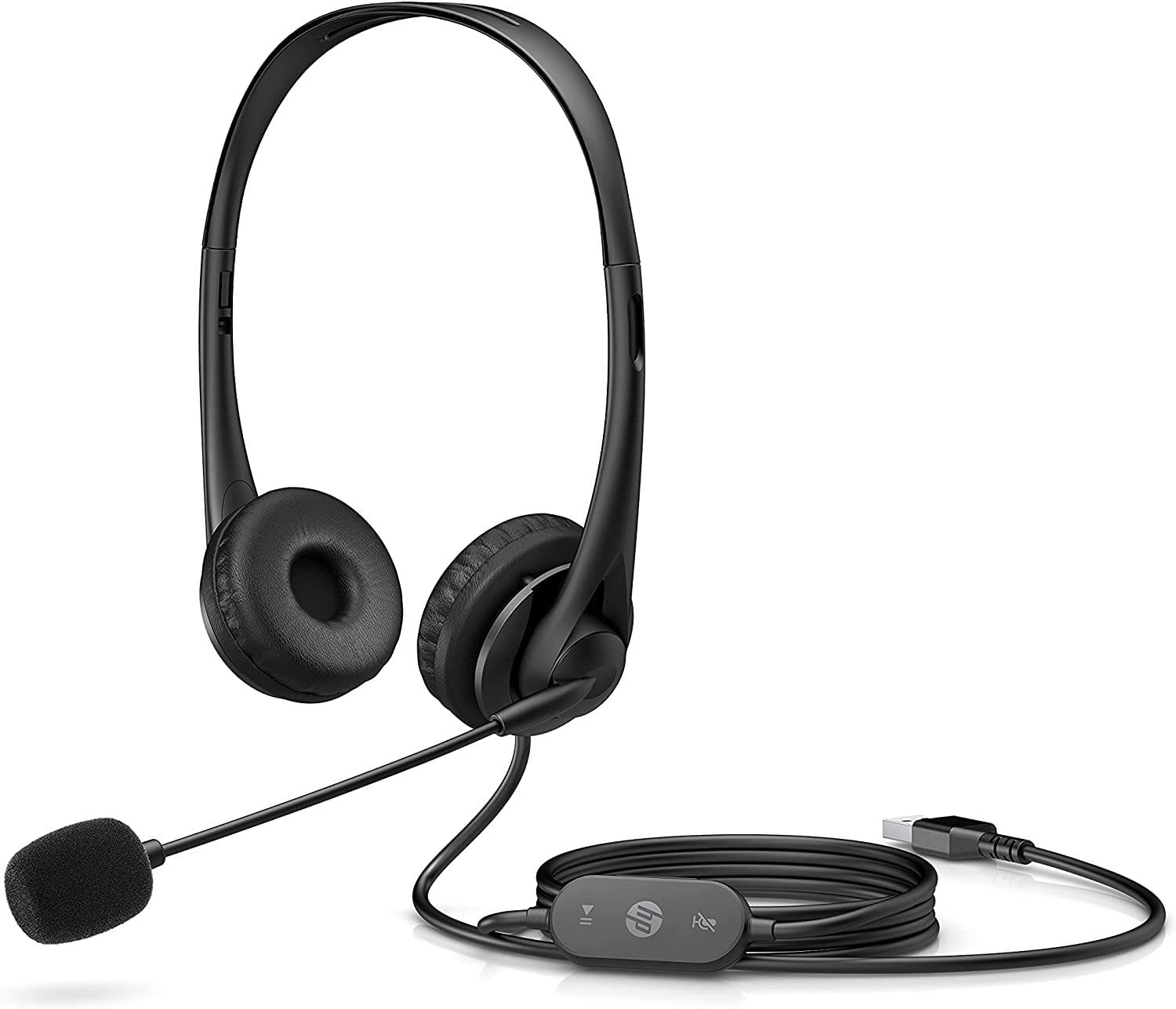 HP G2 Cuffie Stereo Cablate, Connessione USB-A, Comandi Integrati nel Cavo, Microfono Ripiegabile e Archetto Regolabile, Imbottitura in Ecopelle, Riduzione del rumore e Funzione Silenziamento, Nero