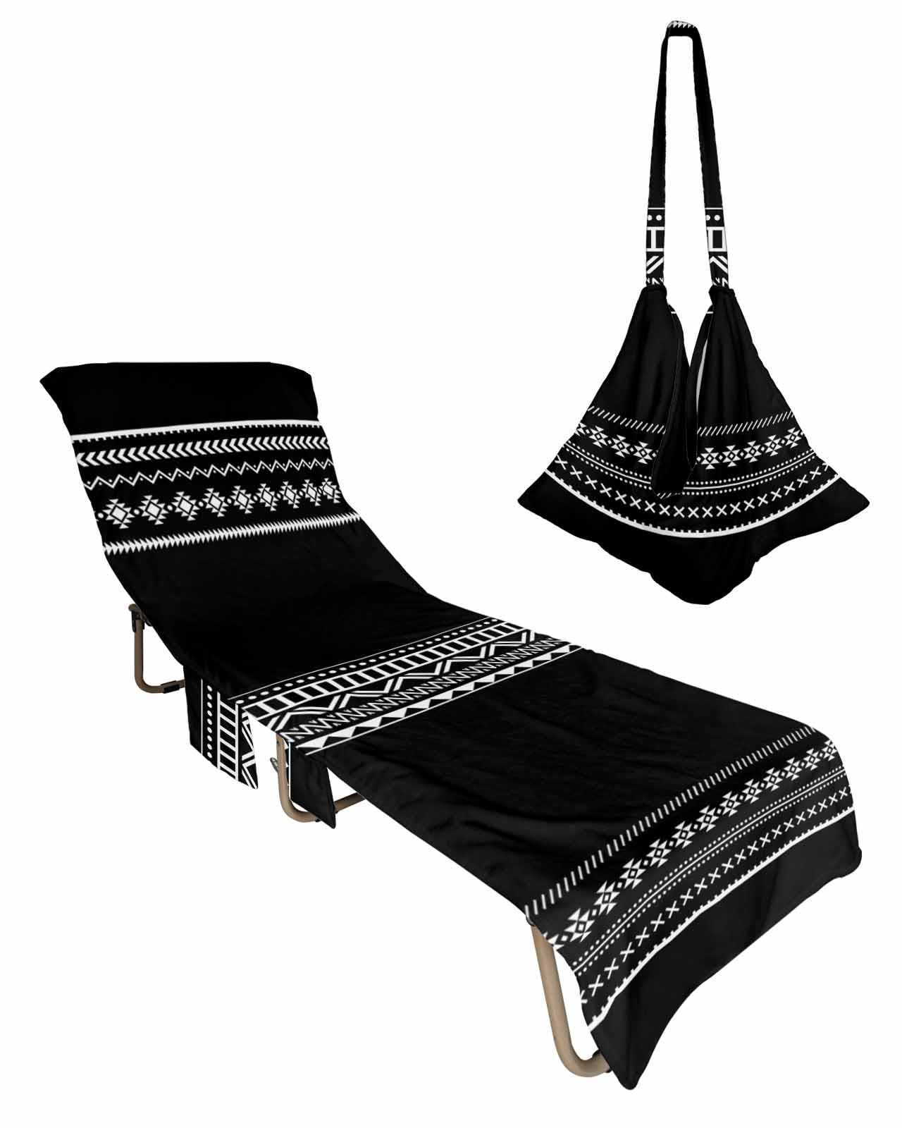 Boho Black Beach Chair Cover with Side Pockets, Microfiber & Quick Dry Pool Chaise Lounge Chair Towels Covers for Sun Sunbathing Patio Garden Hotel, White Geometric Stripes Southwestern Bohemia