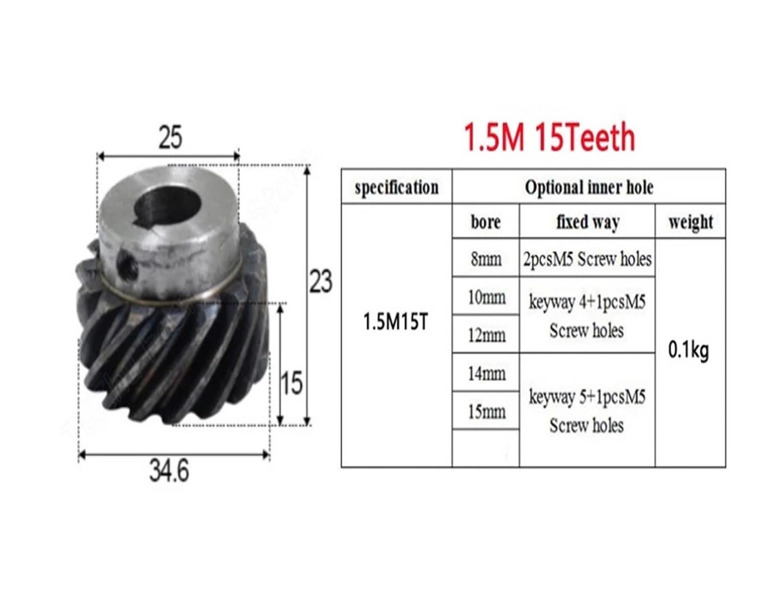 RYBOOL Steel Motor Drive Gear 1pc 1.5M 15T-20T 45 Degree Right Hand Helical Gear 45# Steel Staggered Gear 15T 18T 20T Bore 8/10/12/14/15mm(15mm (keyway 5mm),15 Teeth)