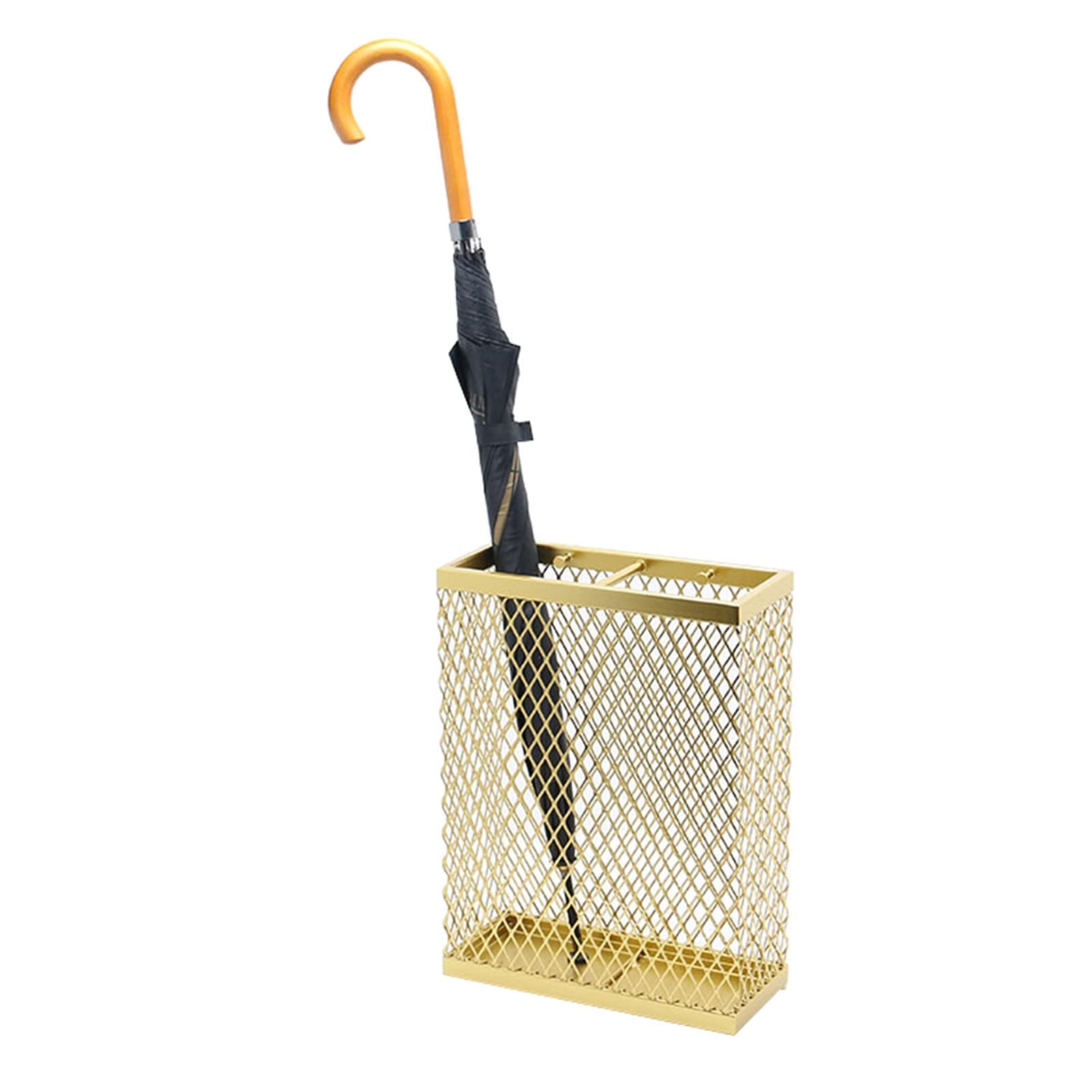 WQPMNYG Gold Umbrella Stand with Drip Tray & 2 Hooks - Decorative Rectangle Umbrella Holder for Doorway Porch Corridor & Hall - Stylish Cane Storage Rack