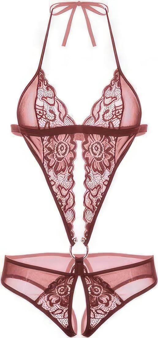 Women Lingerie Front Deep V Neck Closure Babydoll Lace Chemise Ruffle Nightgown Bodysuit Sexy Sleepwear with Panty 1 Piece.-picture-56