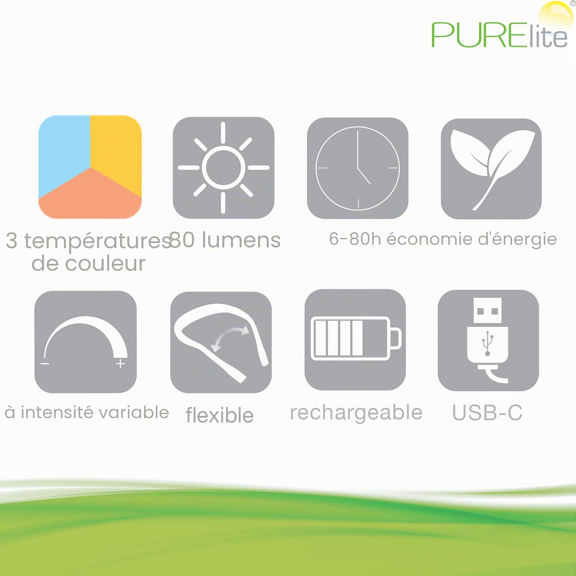 PURElite Lampe de Lecture de Cou Rechargeable au Lit, LED flexible, lampe de lecture mains libres réglable, ampoules à intensité variable 3 couleurs pour la lecture, la couture, l'artisanat – Noir