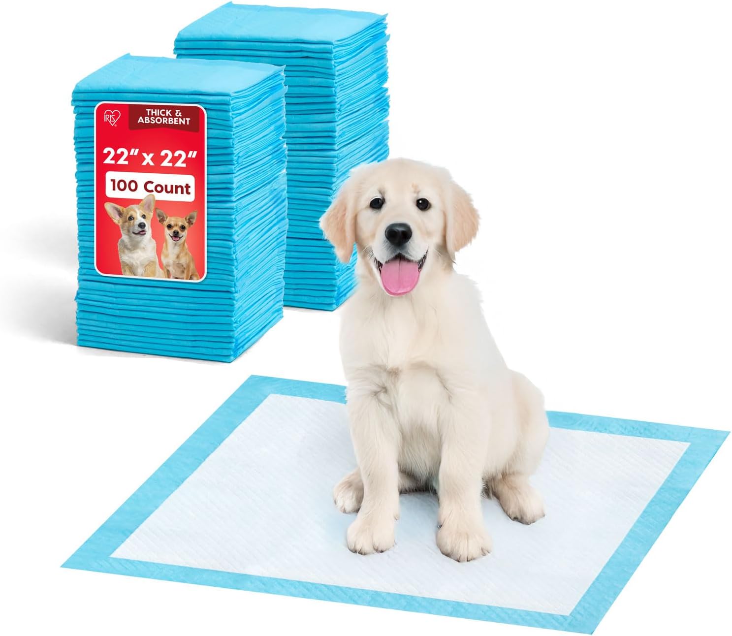IRIS USA Dog Pee Pads – Puppy Essentials, Dog Pads, Quick Dry, Leak Proof, Thick Absorbent 6-Layer Design for Potty Training, Regular Size 22" x 22", 100 Count 22" x 22" Pee Pads Blue/White