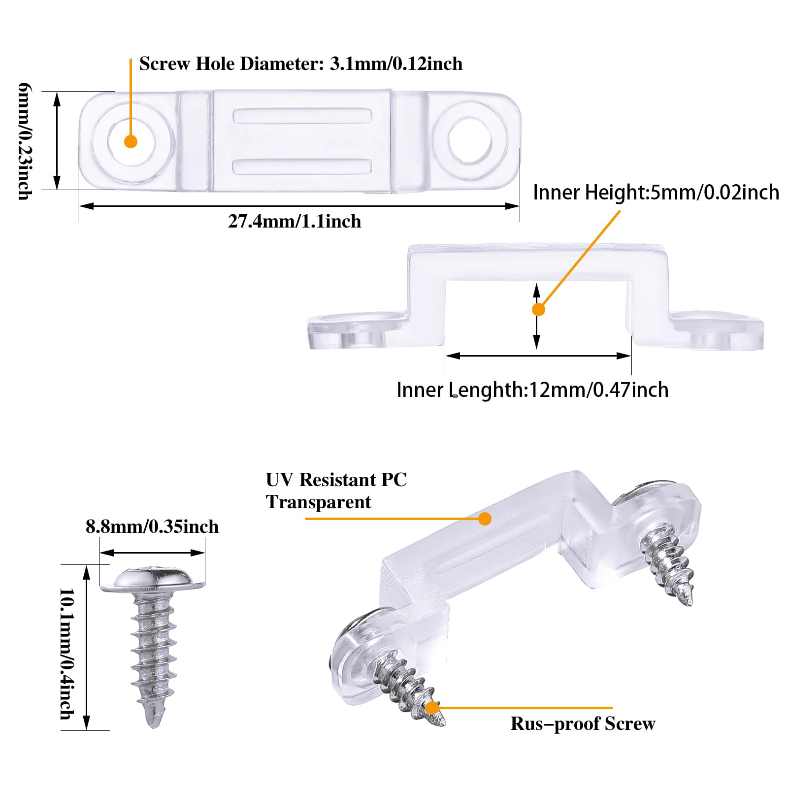 Qunclay 100 Pack Strip Light Mounting Brackets LED Clear Clips Outdoor Fixed Clips LED Tape Clamp with 200 Screws for 12 mm Wide IP67/68 Strip Lights for Halloween Christmas Party Decor