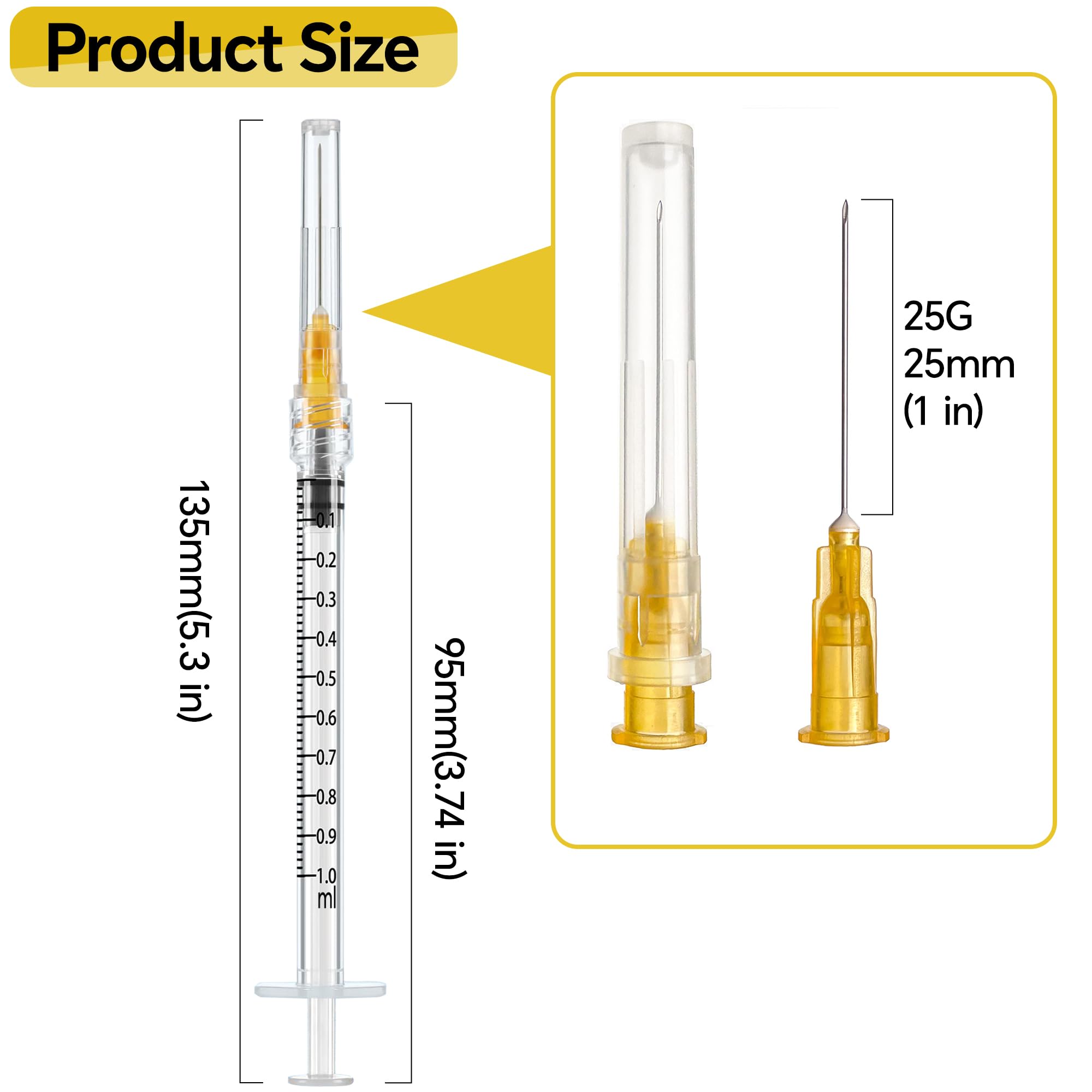 100 Pack 1ml Syringes with 25G 1inch Needle, Disposable 1cc Syringe for Scientific Labs Individually Wrapped. — Amazon image 3