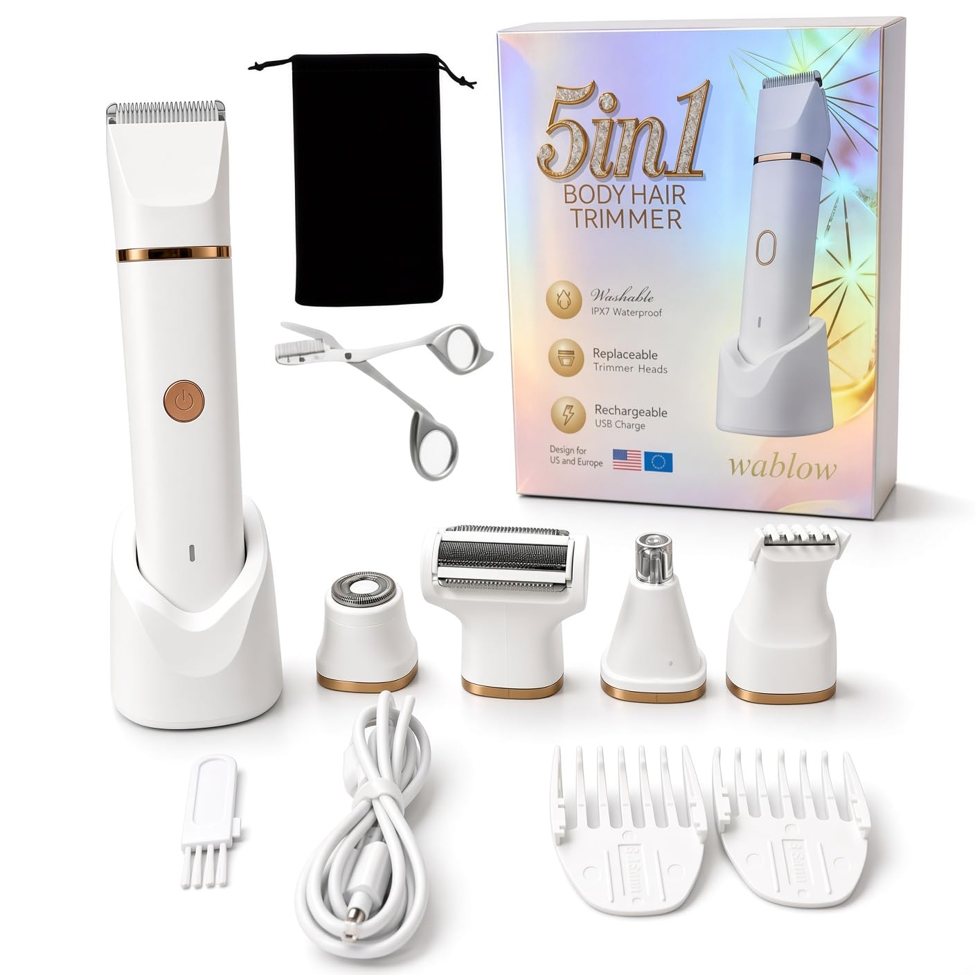 5-in-1 Electric Bikini Trimmer for Women – IPX7 Waterproof Shaver, Cordless Body & Facial Razors for Women, Ceramic Blades, Painless Hair Removal, Charging Base USB-C Rechargeable